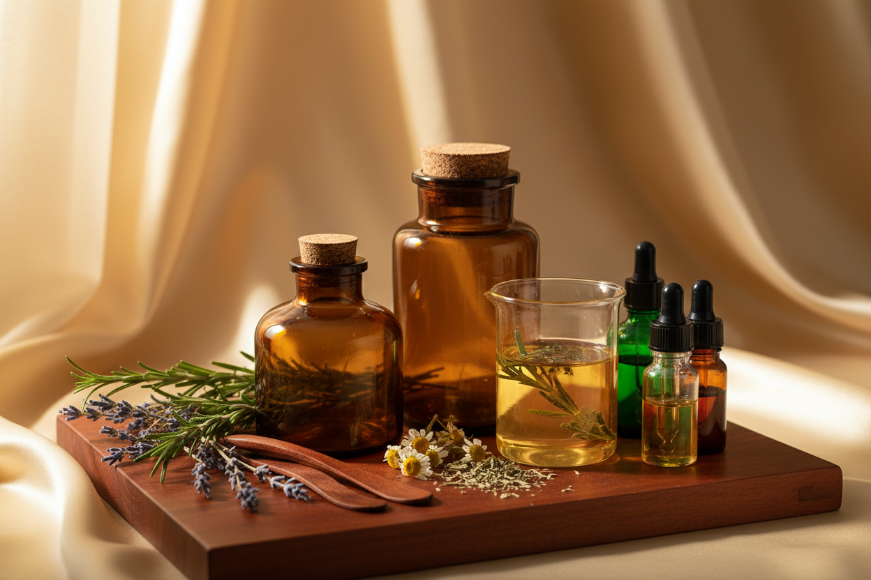 Amber glass bottle and jar with beaker, herbs, and oils on mahogany platform with light gold silk fabric background