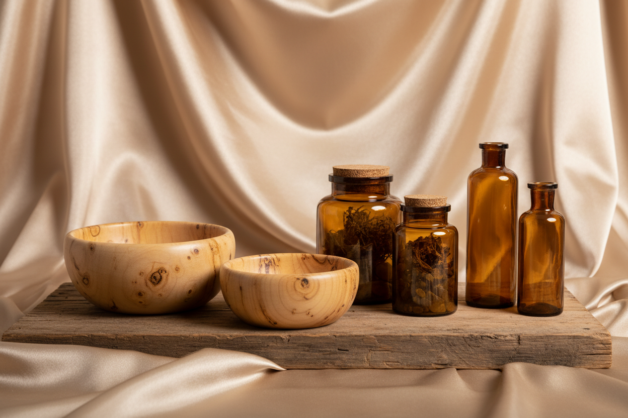 Small collection of wooden bowls, amber glass jars and bottles on wooden platform with champagne gold silk background